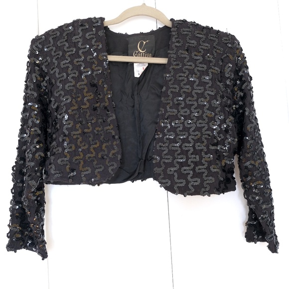 Sequin Cropped Black Jacket w/ Shoulder Pads - Picture 1 of 7